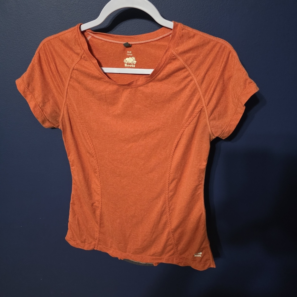 Roots Crew Neck Soft Stretch Comfy Pullover Short Sleeve Tee Medium Orange